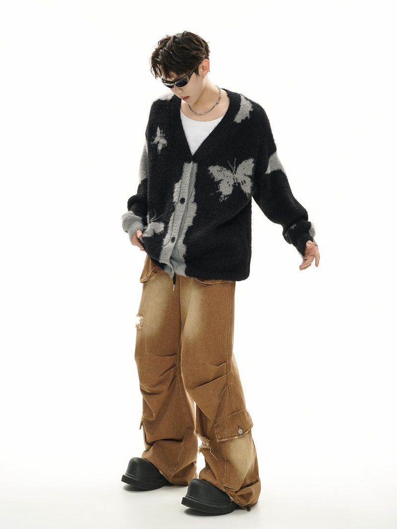Gilet cardigan en maille jacquard papillon – Col V oversize, maille couple