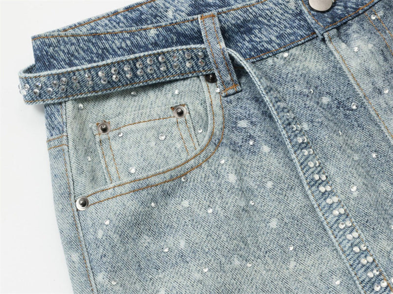 Y2K Baggy Jeans Mens Wide-Leg Rhinestone Embellished Denim Pants
