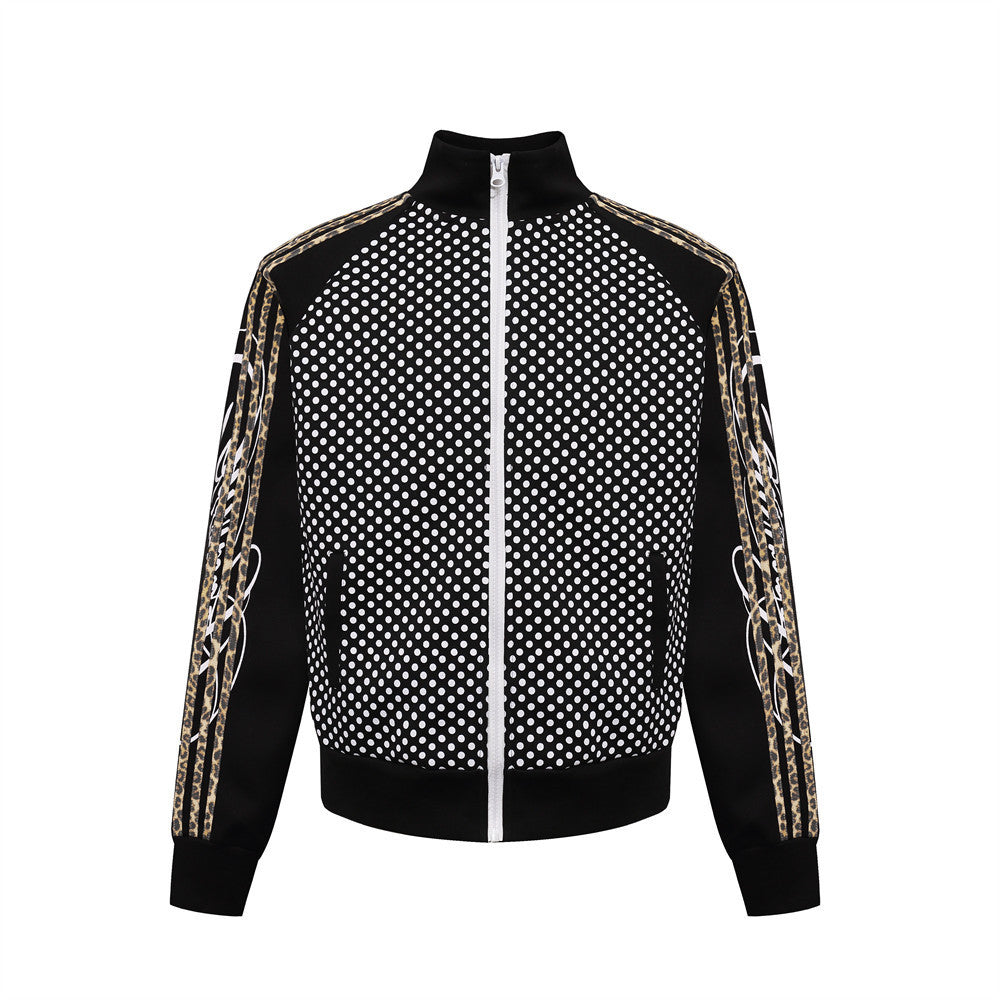 Men's Polka Dot Track Jacket – Stand Collar Full-Zip Sport Coat with Stripe