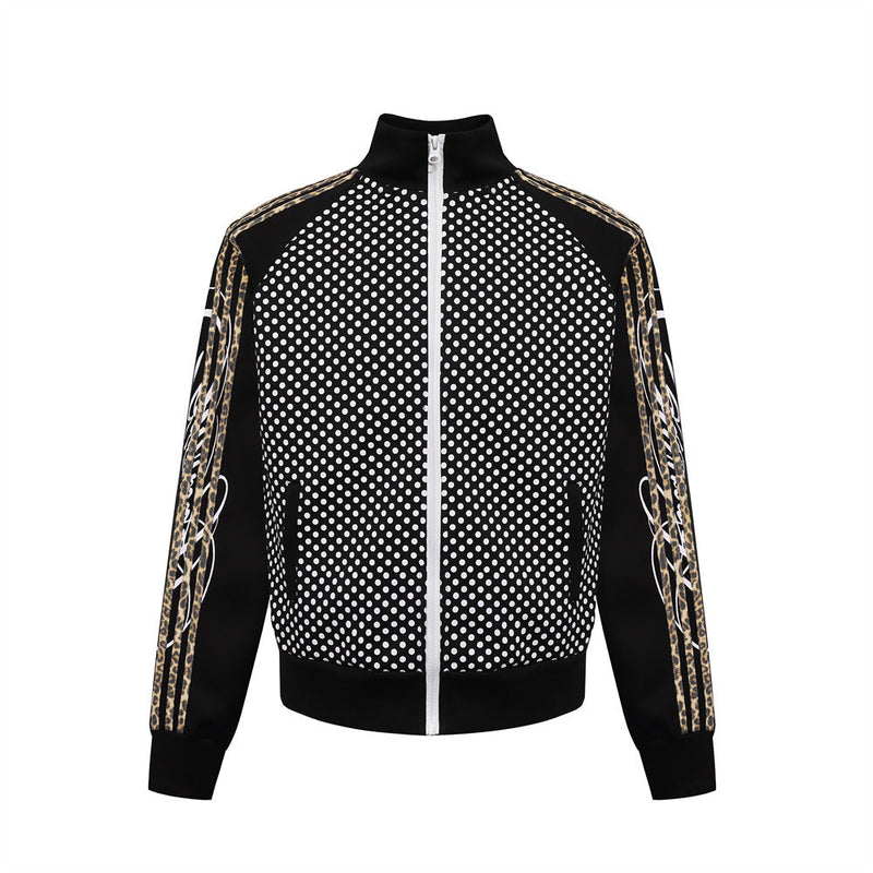 Men's Polka Dot Track Jacket – Stand Collar Full-Zip Sport Coat with Stripe