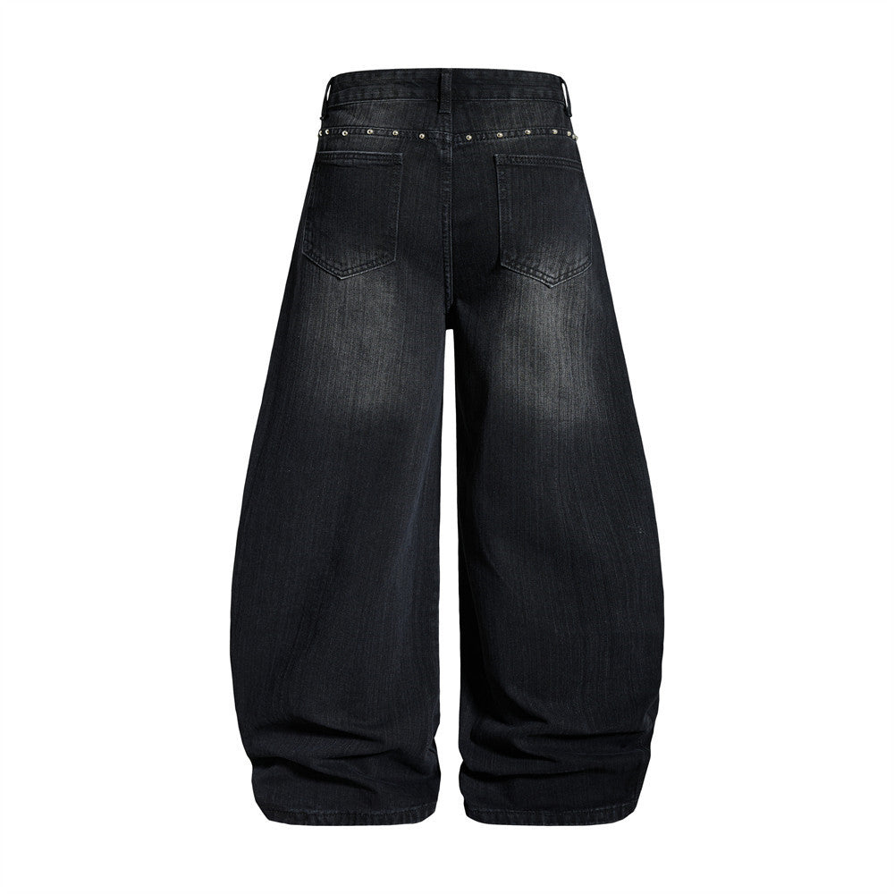 Men's Baggy Black Jeans Wide-Leg Rivet Punk Washed Denim Pants
