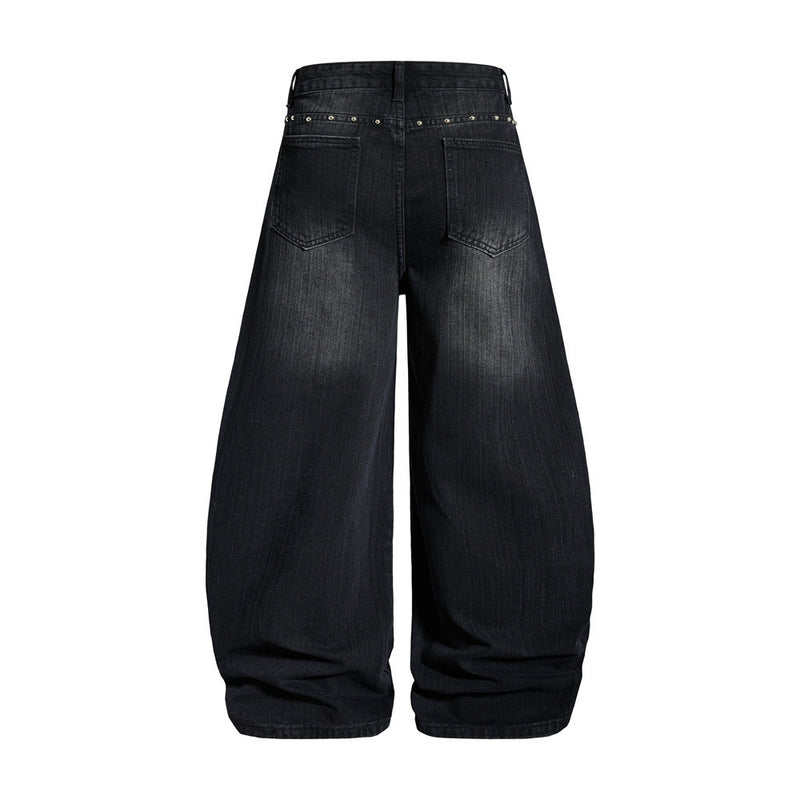 Men's Baggy Black Jeans Wide-Leg Rivet Punk Washed Denim Pants