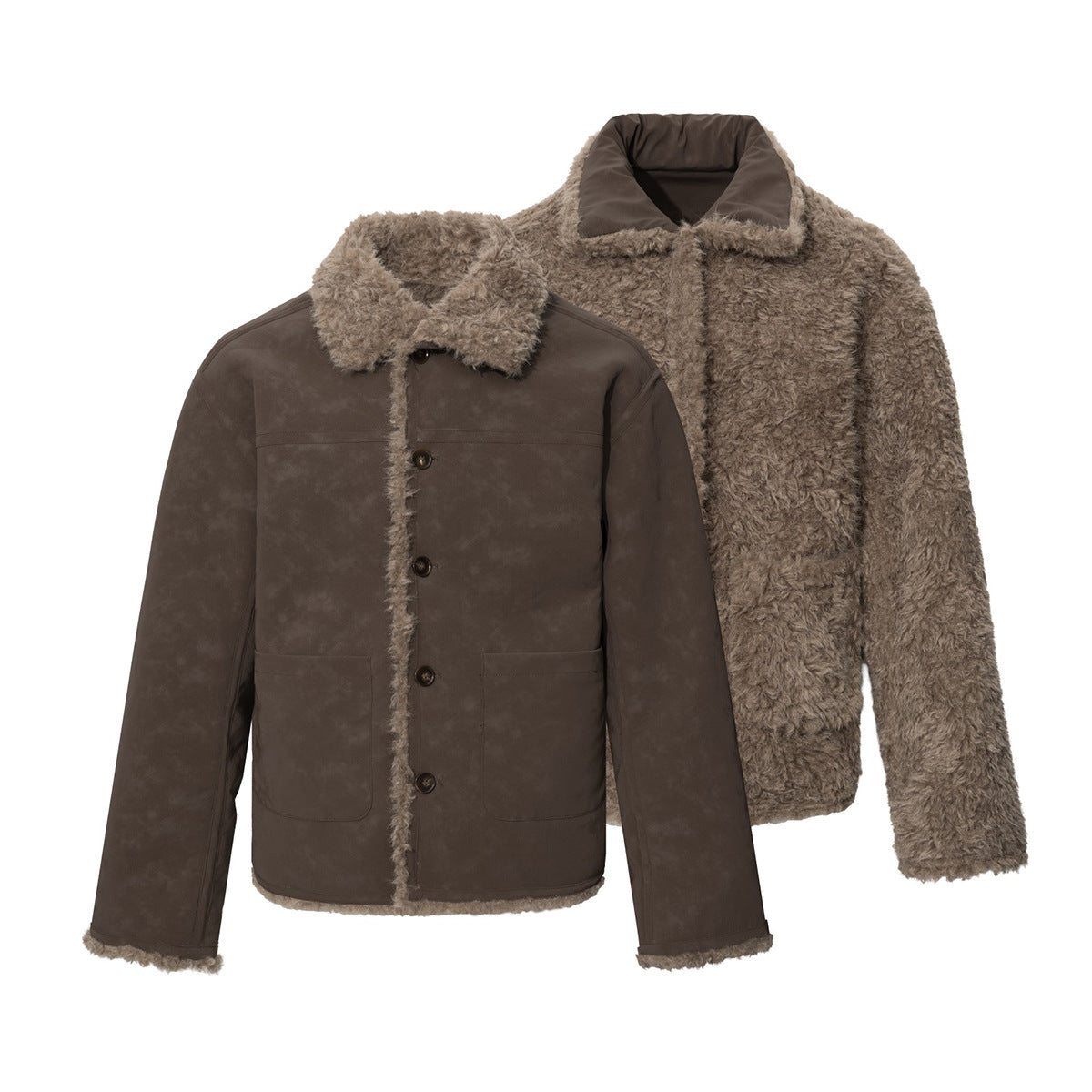Wendbare Sherpa-Fleecejacke – Kunstfellkragen, beidseitig tragbarer Winterlook