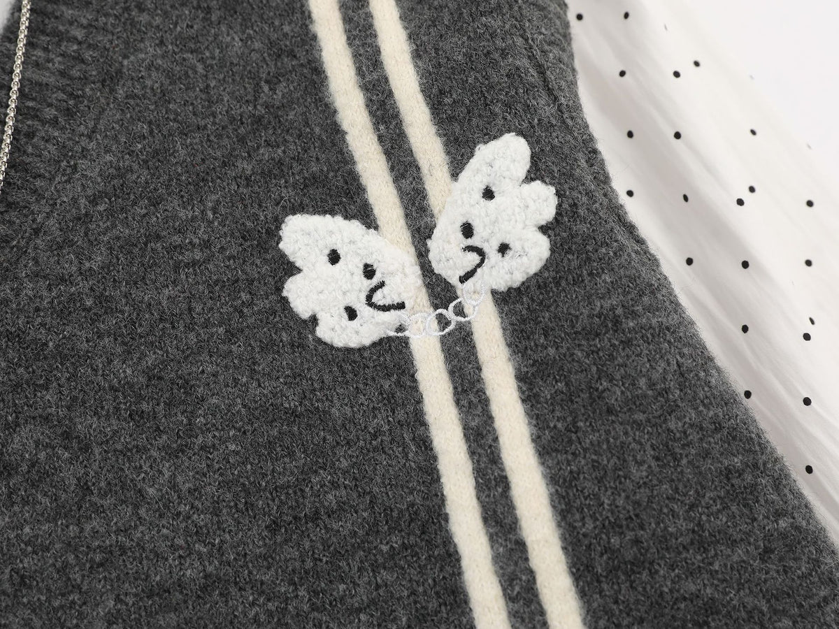 Sweater Faux Two-Piece Knit Vest with Polka Dot Shirt Collar & Bunny Embroidery