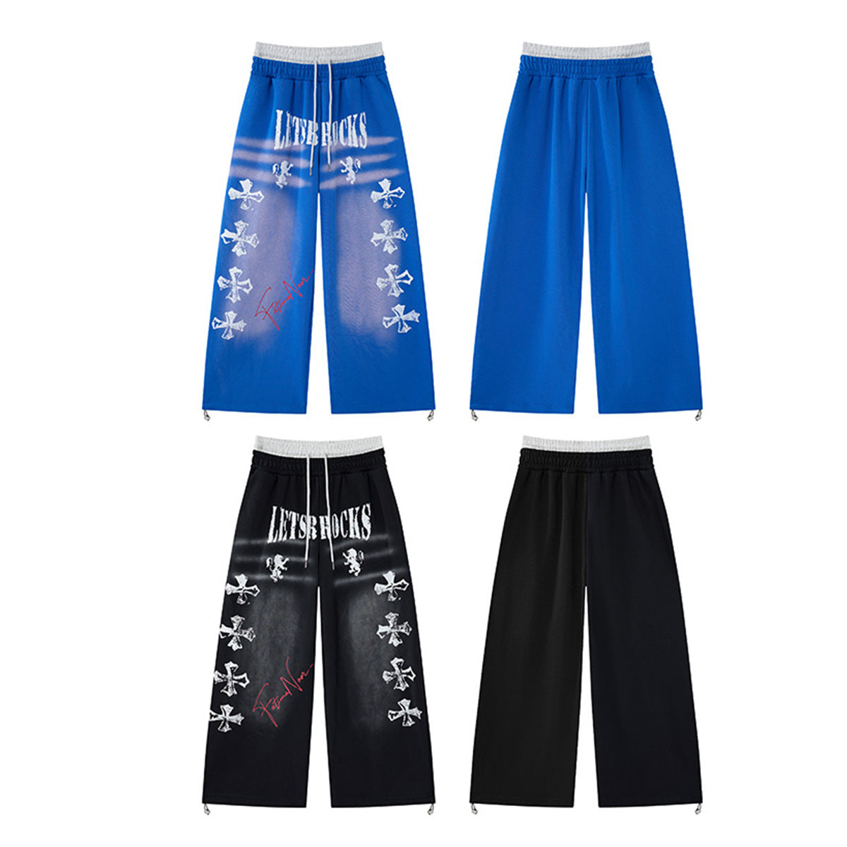 Cross Print Wide-Leg Sweatpants – Streetwear Faux Two-Piece Waistband