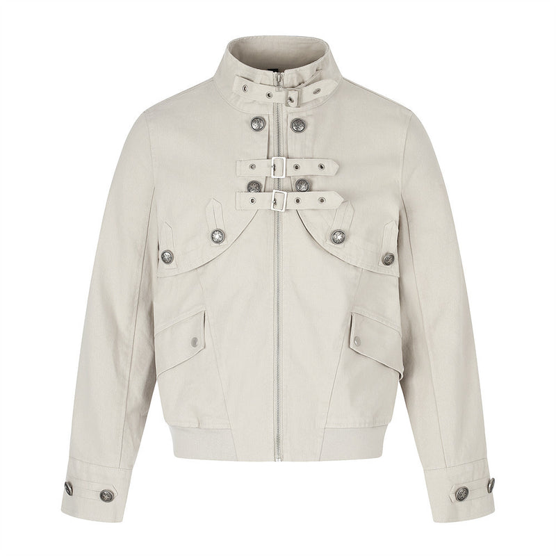 Men's Military-Inspired Short Jacket with Stand Collar, Buckle Straps & Button