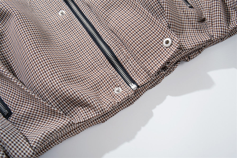 Veste oversize à col montant en pied-de-poule – Manteau streetwear à poches zippées multiples