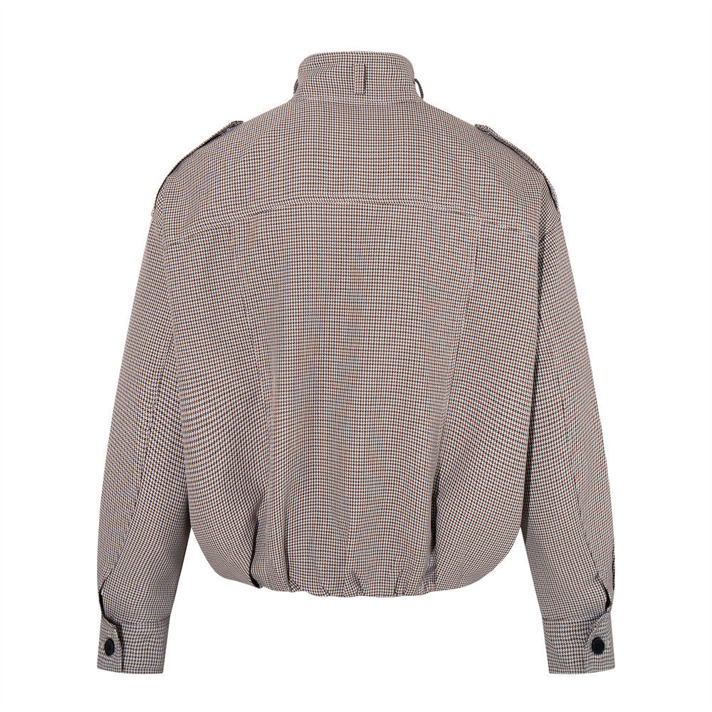 Veste oversize à col montant en pied-de-poule – Manteau streetwear à poches zippées multiples