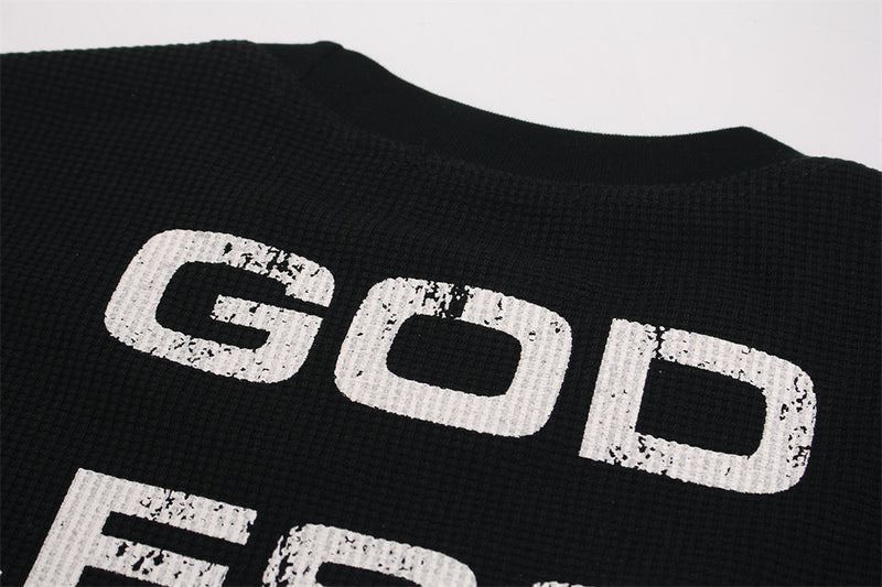Oversized Long Sleeve T-Shirt with Red Cross & Letter Print, Waffle-Knit