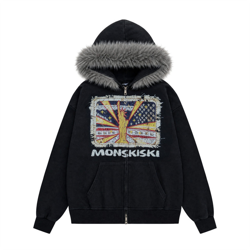 Sweat à capuche oversize zippé avec bordure en fausse fourrure grise et motif patchwork vintage de la Statue de la Liberté sur la poitrine, présenté en version délavée