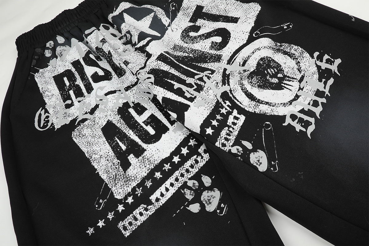 Wide-Leg Graphic Sweatpants – Rise Against Print, Washed Streetwear Baggy Fit