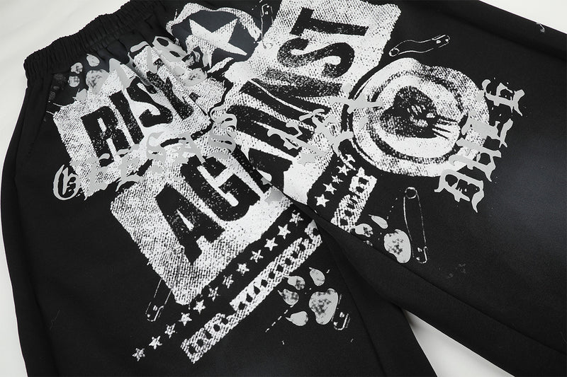 Wide-Leg Graphic Sweatpants – Rise Against Print, Washed Streetwear Baggy Fit