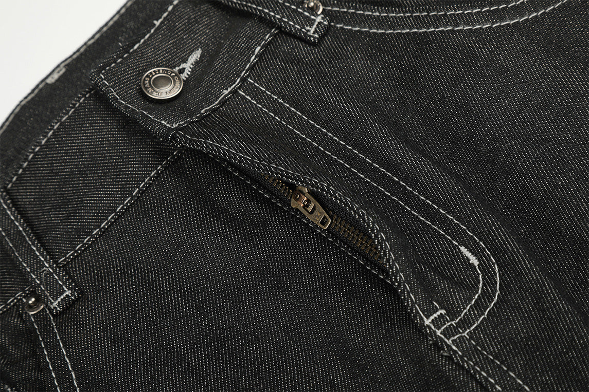 Wide-Leg Baggy Jeans – Skeleton Horse & Sun Embroidery, Dark Wash Black Denim