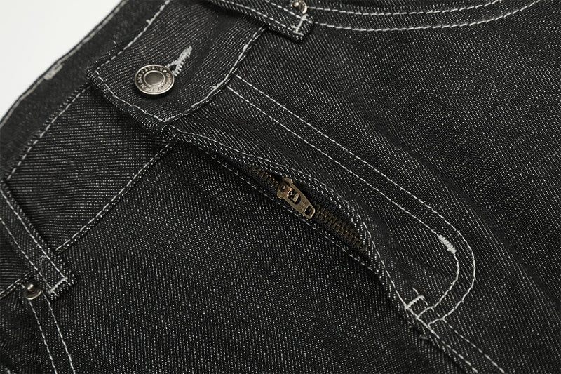Wide-Leg Baggy Jeans – Skeleton Horse & Sun Embroidery, Dark Wash Black Denim