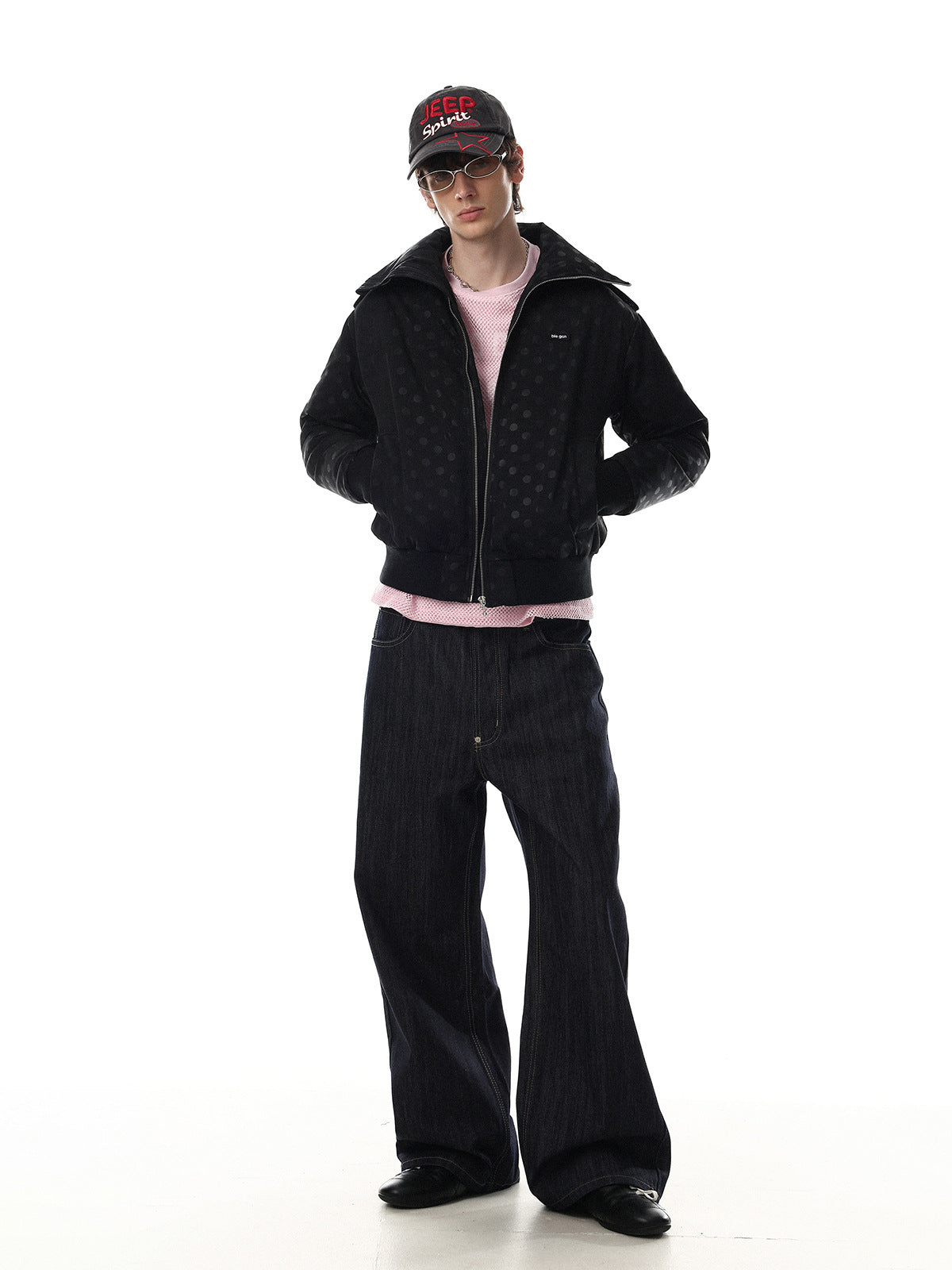 Polka Dot Puffer Bomber Jacket with Oversized Collar