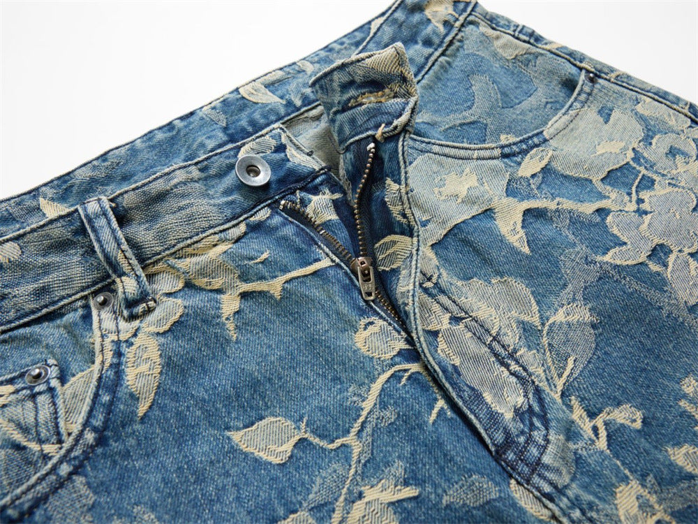 Floral Jacquard Wide-Leg Jeans – Vintage Washed Baggy Denim with Raised Flower