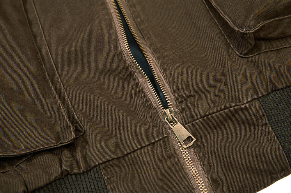 Washed Cargo Bomber Jacket – Men's Oversized Stand Collar with Double Chest Zips