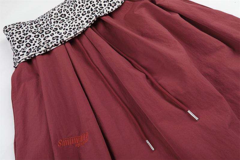 Wide-Leg Balloon Pants with Leopard Print Waistband & Drawstring Hem