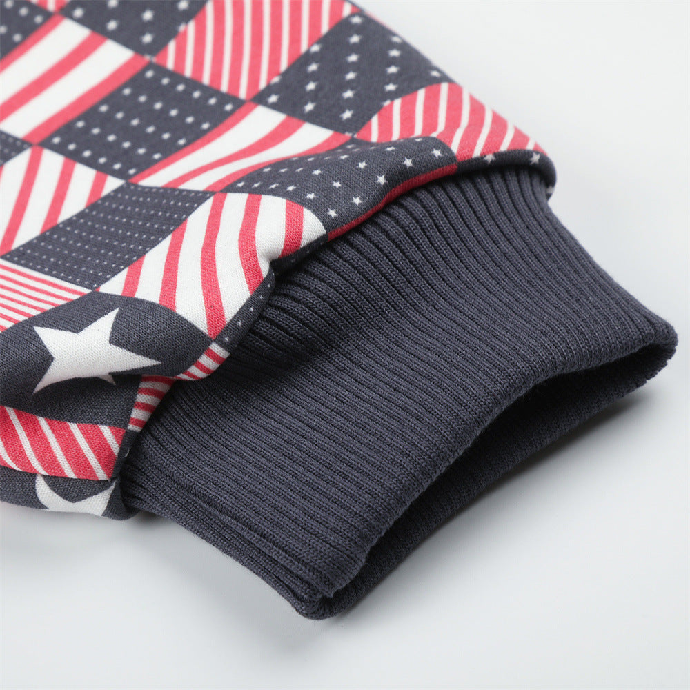 Checkerboard American Flag Print Zip-Up Hoodie Jacket – Oversized Stars &