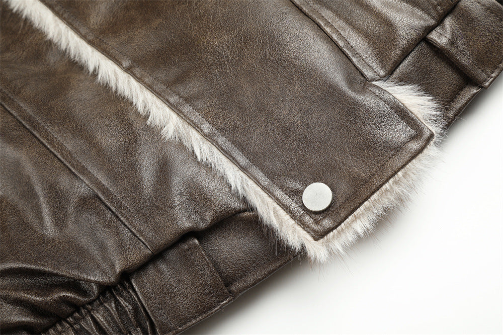 Men's Faux Leather Fur-Lined Bomber Jacket with High Collar & Asymmetric Placket