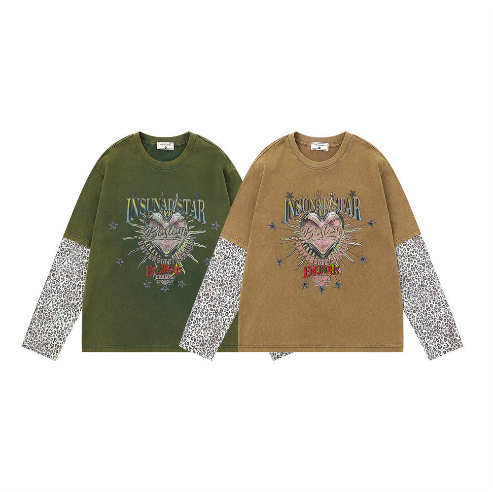 T-shirt à manches longues effet deux pièces avec manches imprimées léopard – Motif cœur, style punk délavé