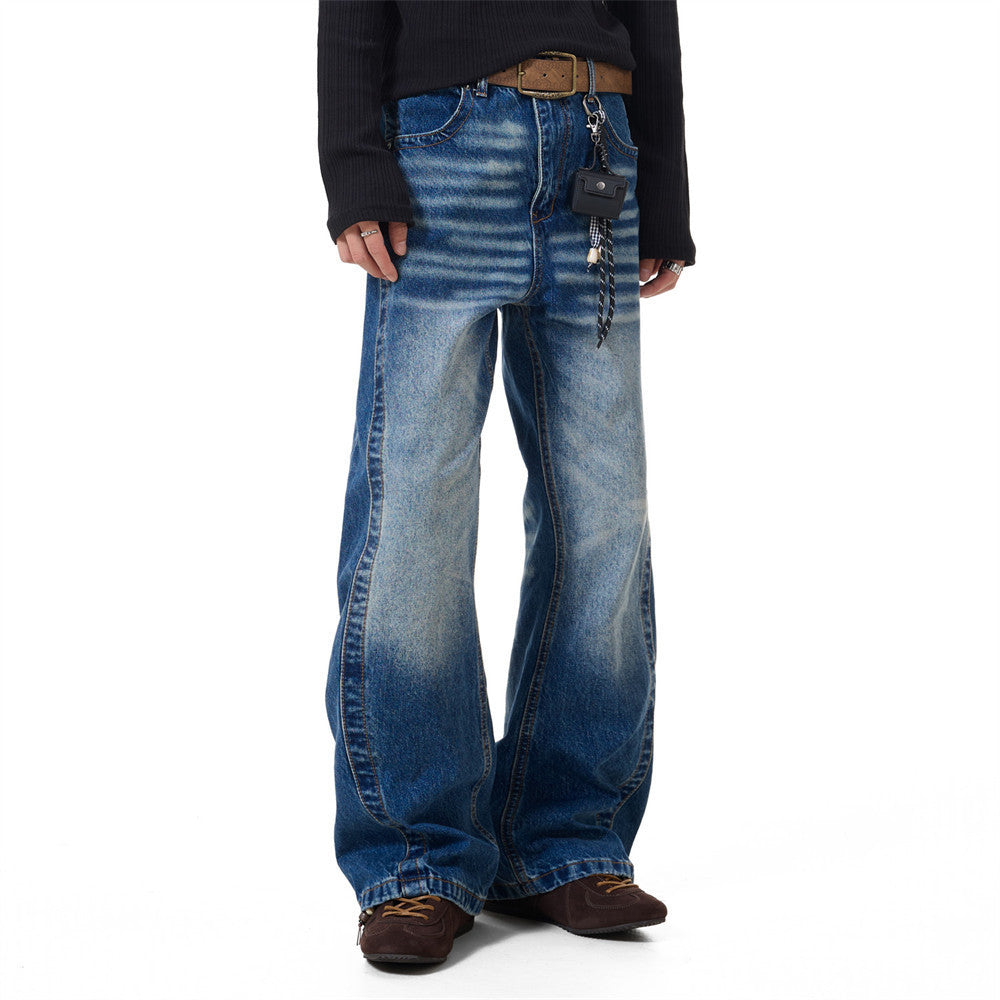 Herren Vintage-Washed-Wide-Leg-Flare-Jeans – Entspannte Passform, Used-Denim