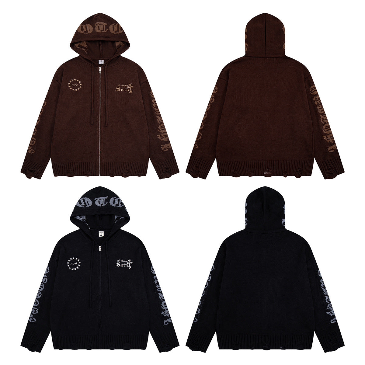 Sudadera de punto con cremallera y cruz gótica – Cárdigan de streetwear americano desgastado