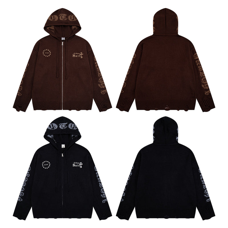 Sudadera de punto con cremallera y cruz gótica – Cárdigan de streetwear americano desgastado