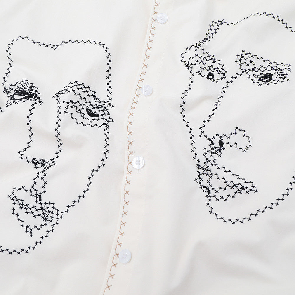 Abstract Face Embroidered Oversized Short-Sleeve Button-Up Shirt