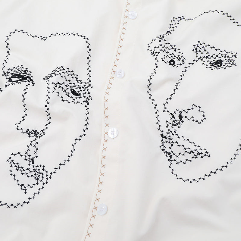 Abstract Face Embroidered Oversized Short-Sleeve Button-Up Shirt
