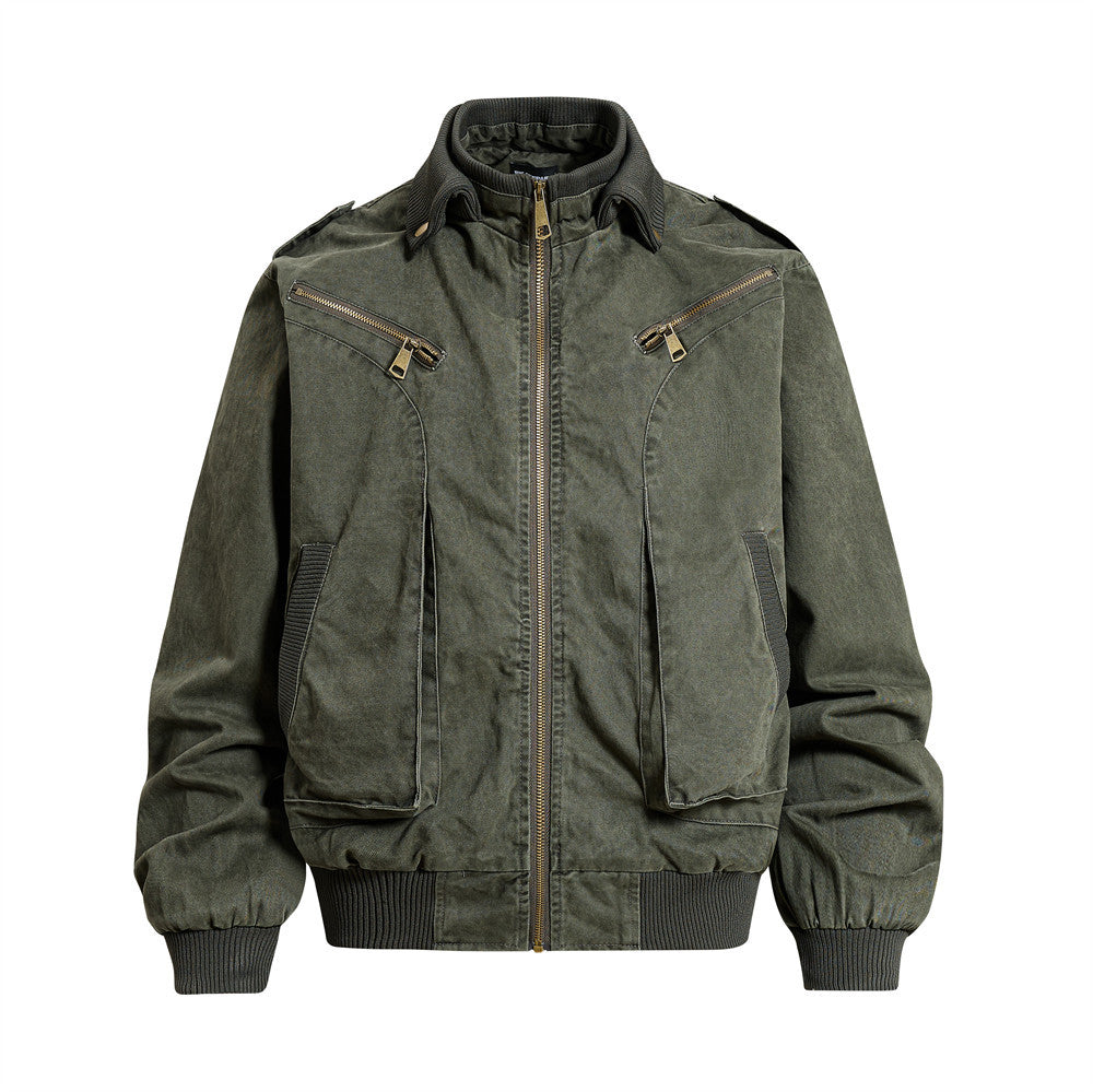 Men's oversized washed canvas bomber jacket with stand collar, chest zip pockets and cargo pockets in army green