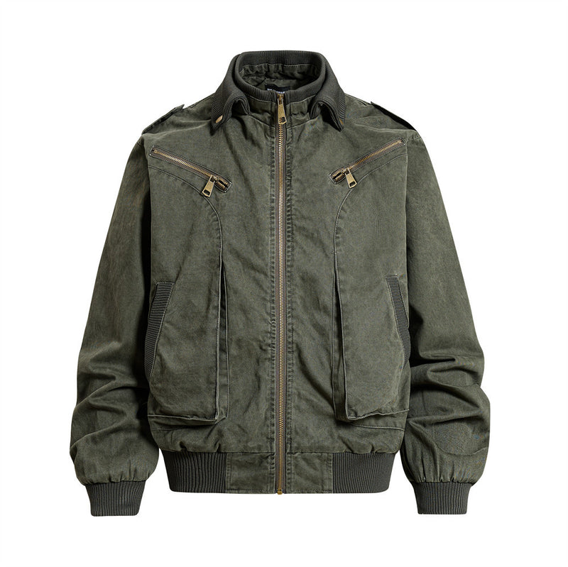 Men's oversized washed canvas bomber jacket with stand collar, chest zip pockets and cargo pockets in army green