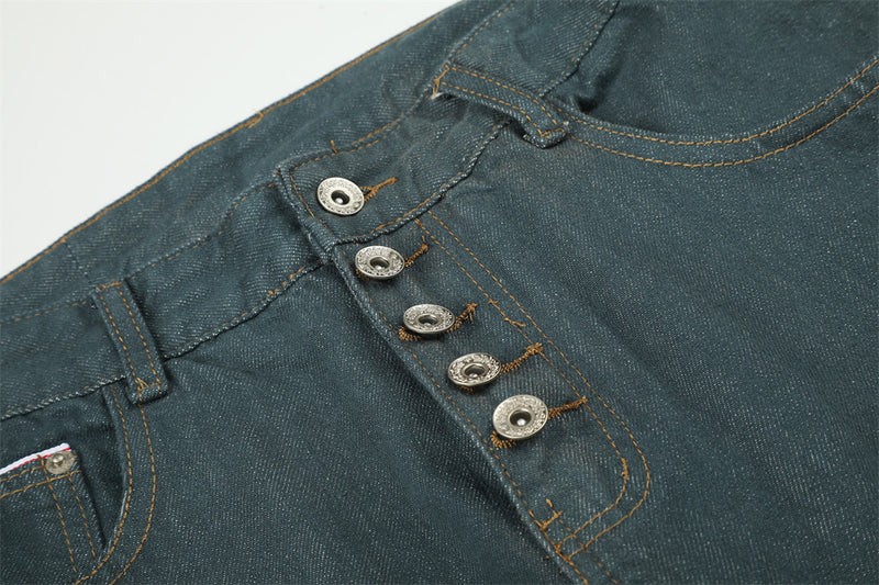 Jeans larges homme – Pantalon droit en denim vert canard à braguette boutonnée