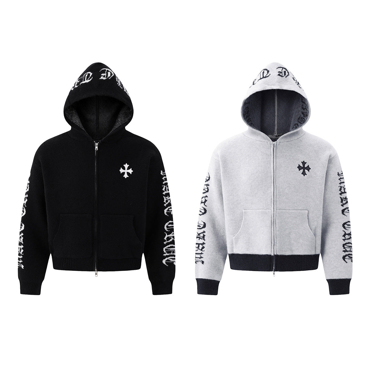 Gothic Cross Knit Zip-Up Hoodie with Old English Sleeve Script