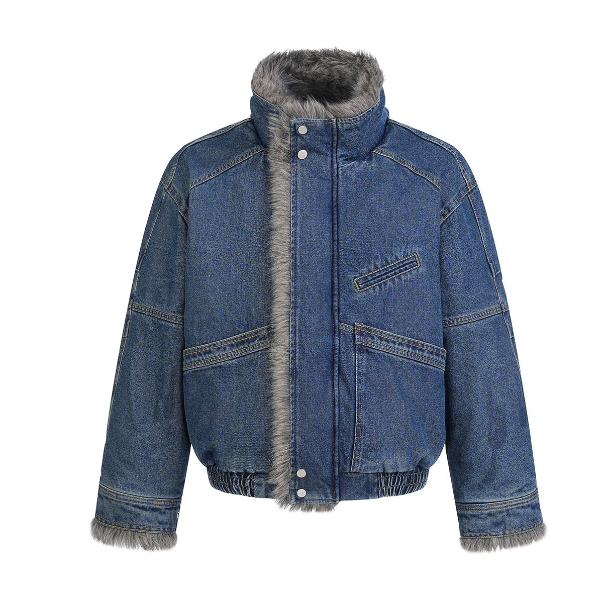 Fur-Lined Denim Jacket – Men's Winter Bomber with Faux Fur Collar & Quilted