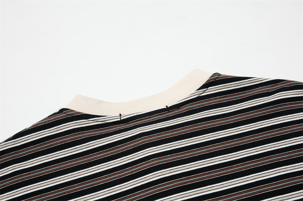 Close-up of back neckline on black striped Henley shirt with cream collar
