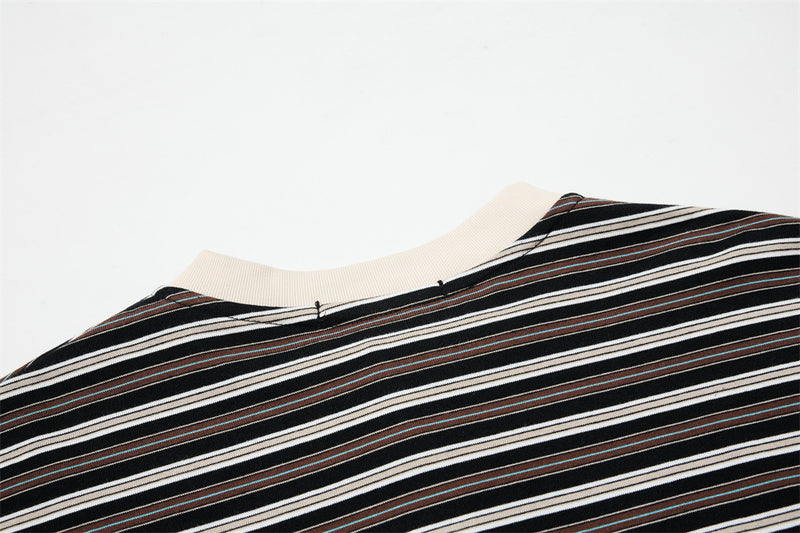 Close-up of back neckline on black striped Henley shirt with cream collar