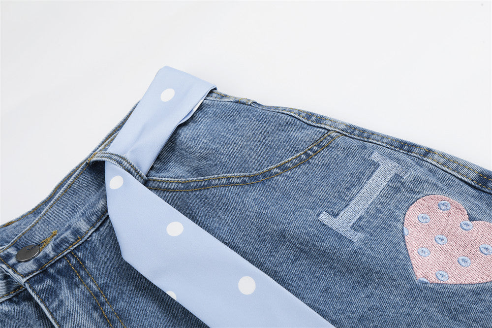I Love RUNTENG Letter Print Wide-Leg Denim Shorts with Polka Dot Tie Detail
