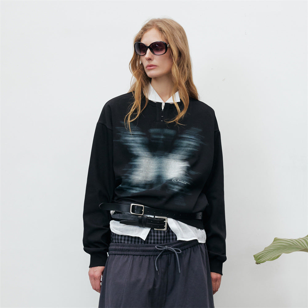 Oversized Butterfly Blur Graphic Long Sleeve Sweatshirt – Relaxed Fit Henley