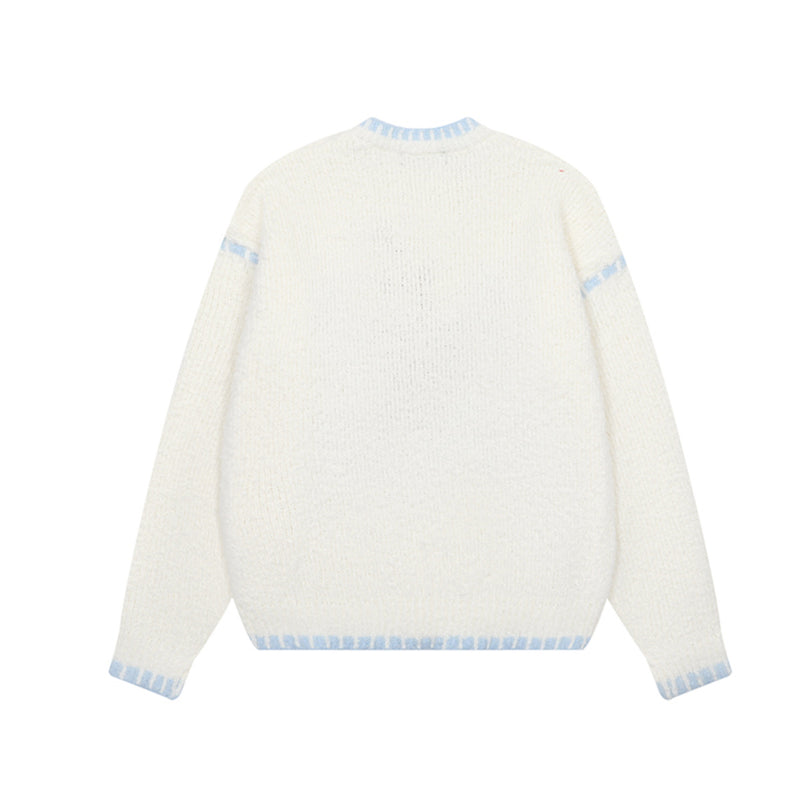 Cartoon Jacquard Crewneck Knit Sweater with Fringe Detail