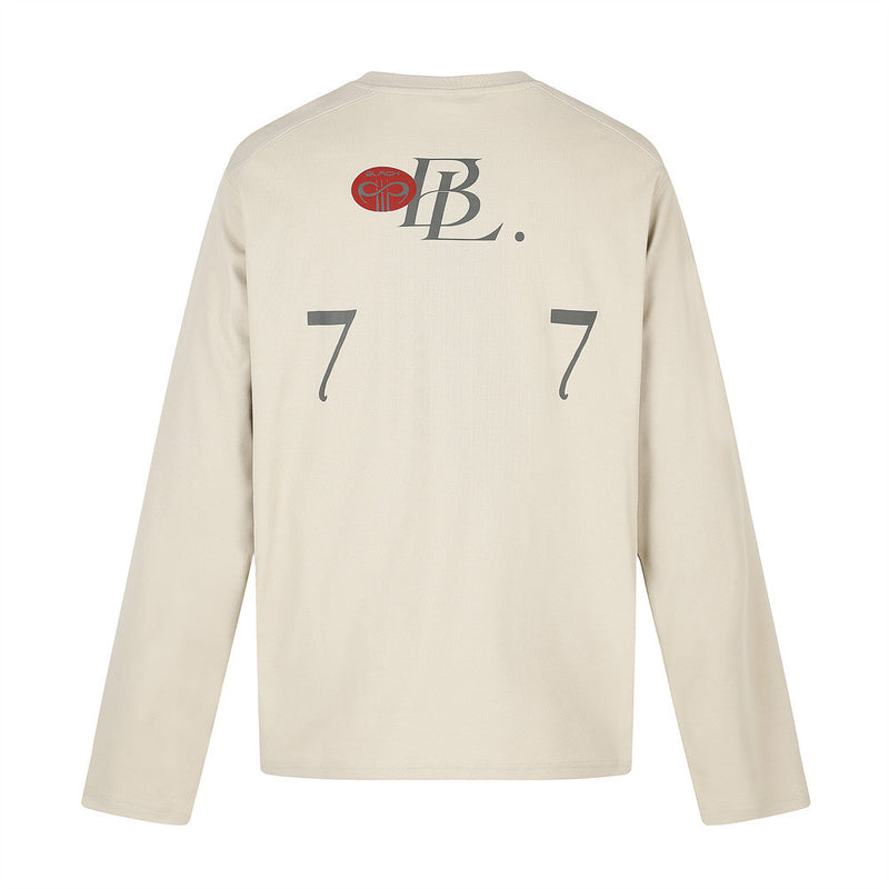 Beige long sleeve crew neck tee, back view with large number print and logo at the upper back