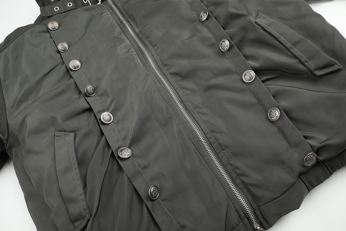 Military Napoleon Button Padded Jacket with Faux Fur Collar