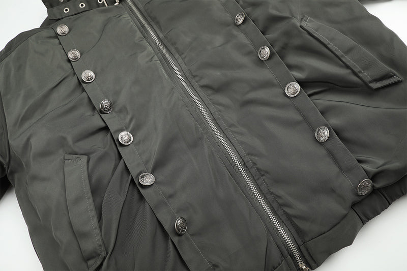 Military Napoleon Button Padded Jacket with Faux Fur Collar