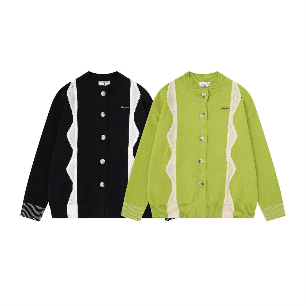 Colorblock Knit Cardigan Sweater – Oversized Crew Neck Button-Up