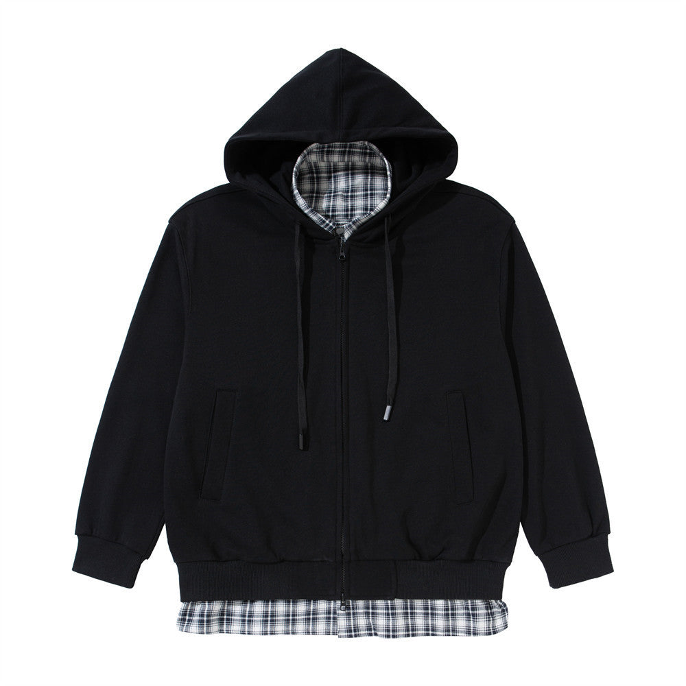 Men's Full Zip Hoodie with Faux Layered Plaid Shirt Insert, Oversized Streetwear