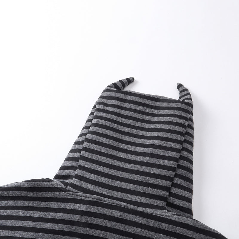 Bat Ear Zip-Up Hoodie – Oversized Dark Stripe Full-Face Mask Hood