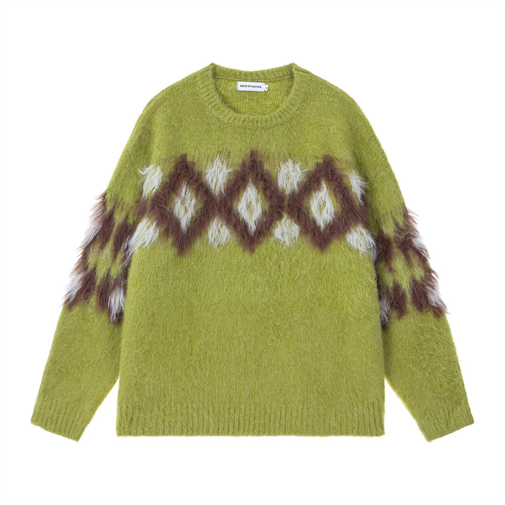 Diamond Jacquard Fringe Crewneck Sweater – Oversized Knit Pullover