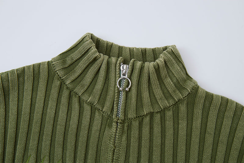Ribbed Knit Mock-Neck Full-Zip Cardigan Sweater with Lightning Bolt Embroidery