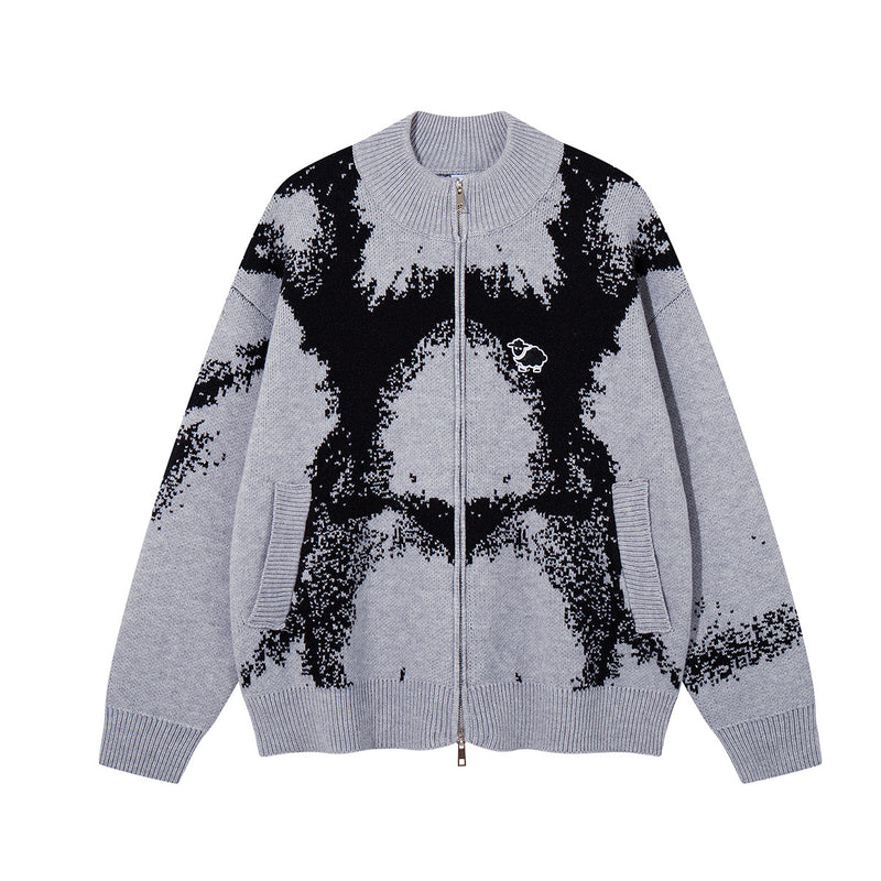 Abstract Bear Jacquard Knit Zip-Up Cardigan Sweater – Oversized High-Street