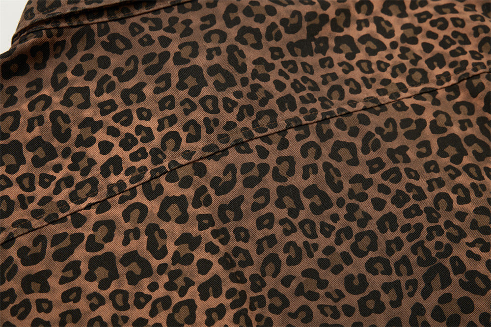 Leopard Print Short Sleeve Shirt with Heart Flocking Patch – Oversized Hip Hop B
